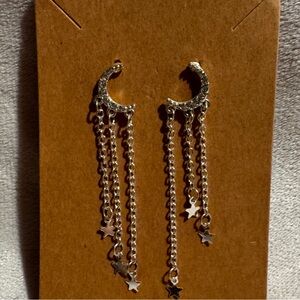 Silver Crescent Moon with Star Dangle Earrings NWOT